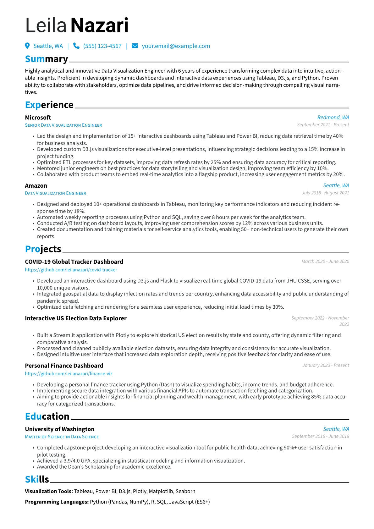 Data Visualization Engineer Resume Example CV template - Page 1