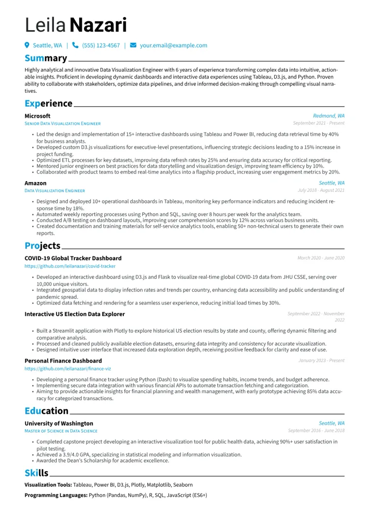 Data Visualization Engineer Resume Example CV template preview