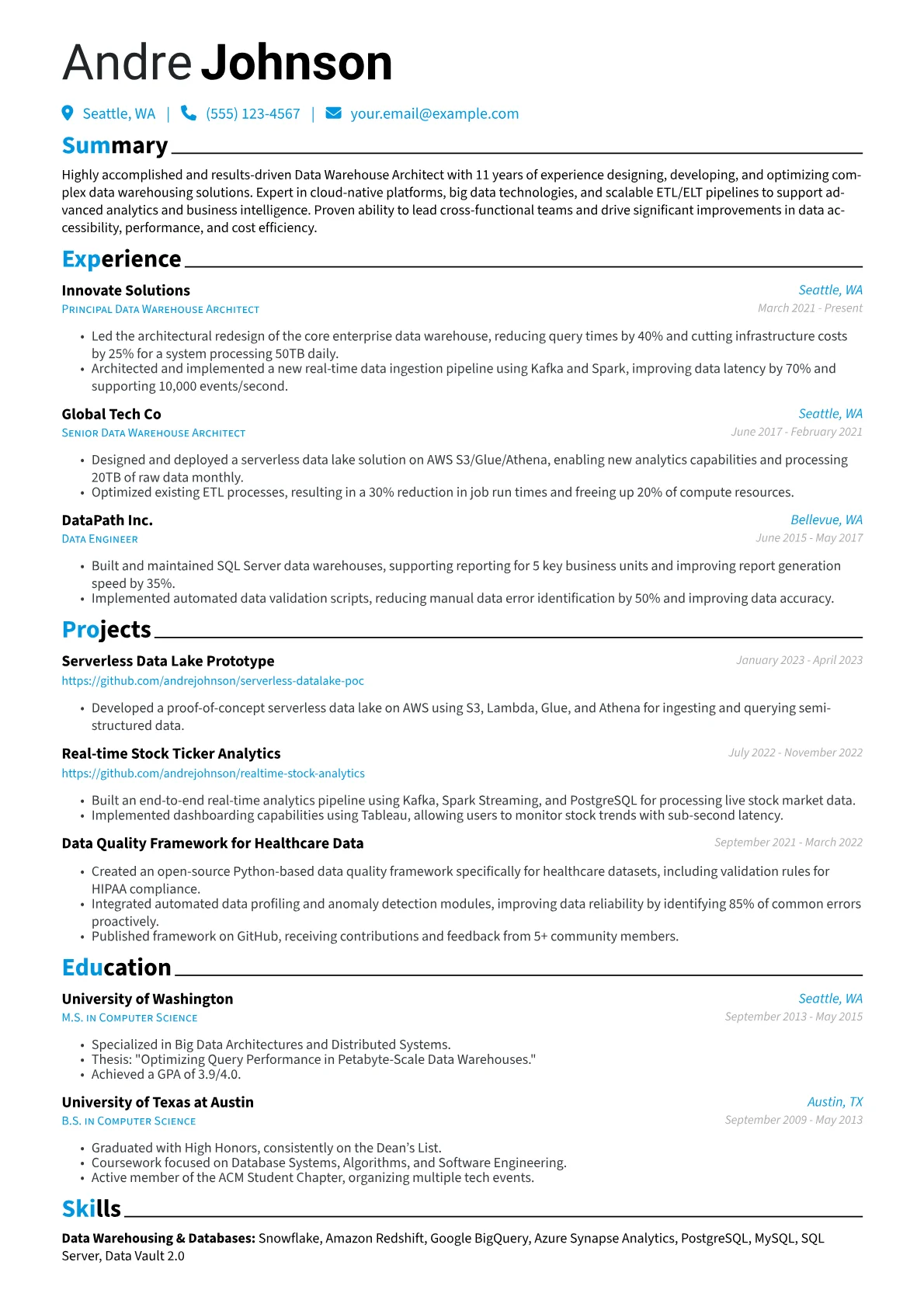 Data Warehouse Architect Resume Example CV template - Page 1
