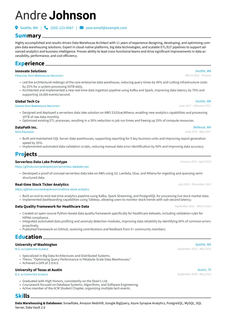 Data Warehouse Architect Resume Example CV template preview