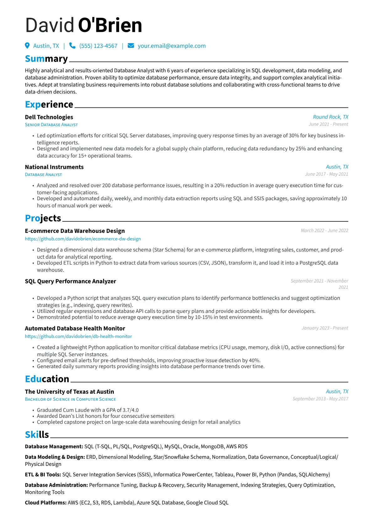Database Analyst Resume Example CV template - Page 1