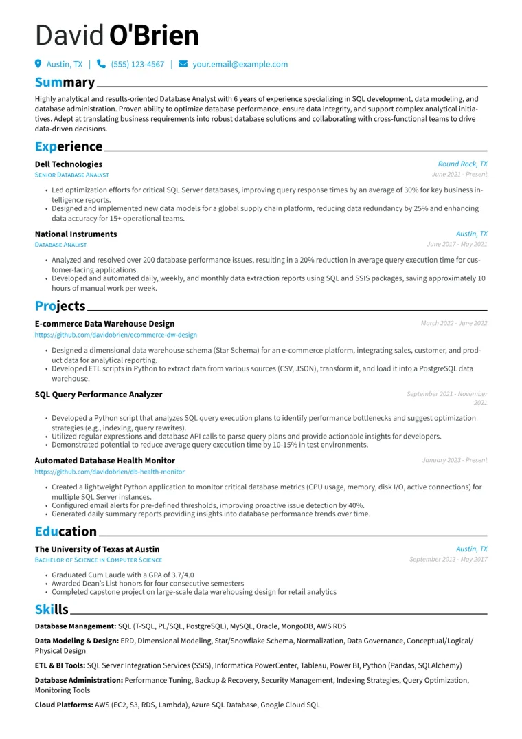 Database Analyst Resume Example CV template preview