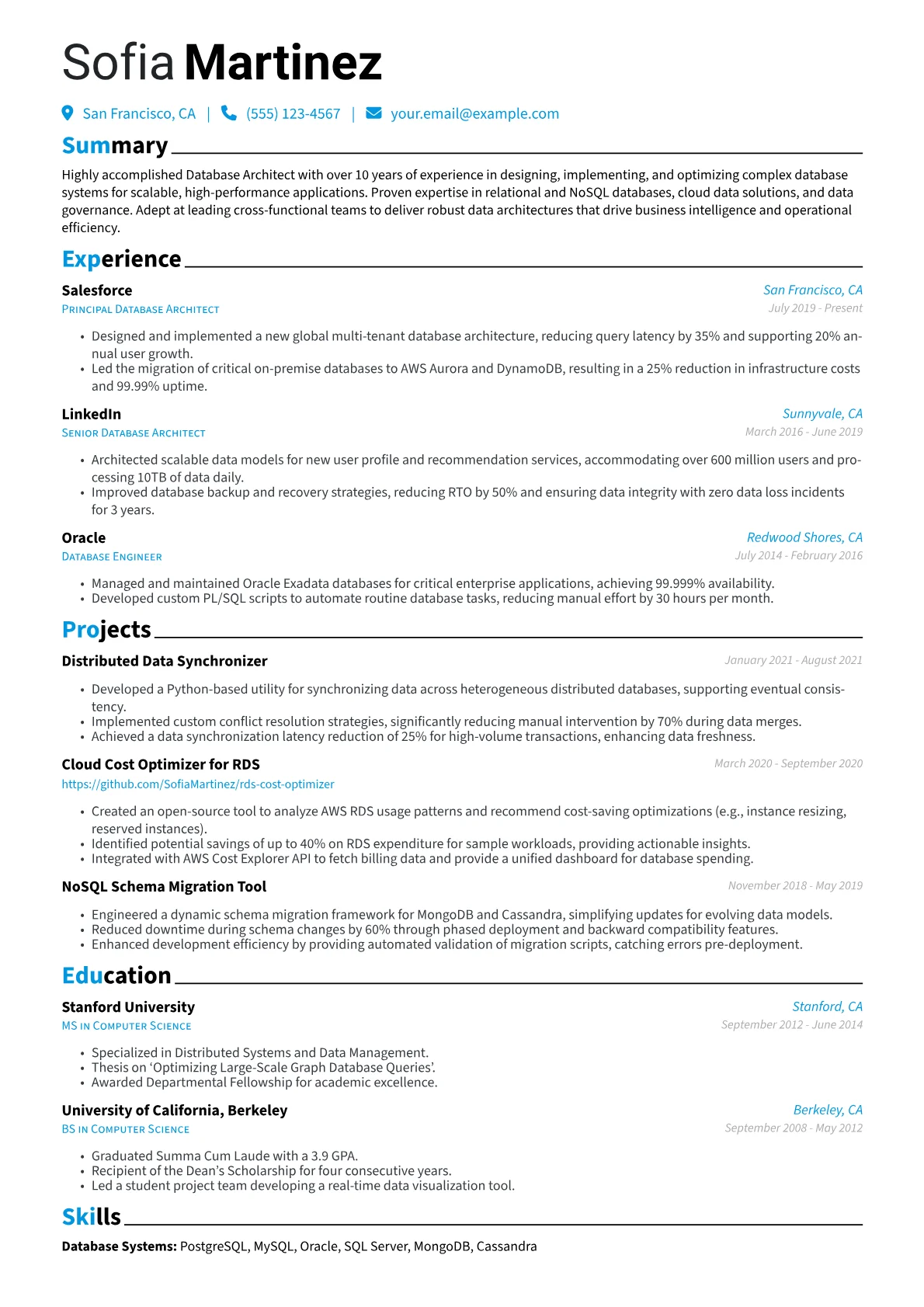 Database Architect Resume Example CV template - Page 1