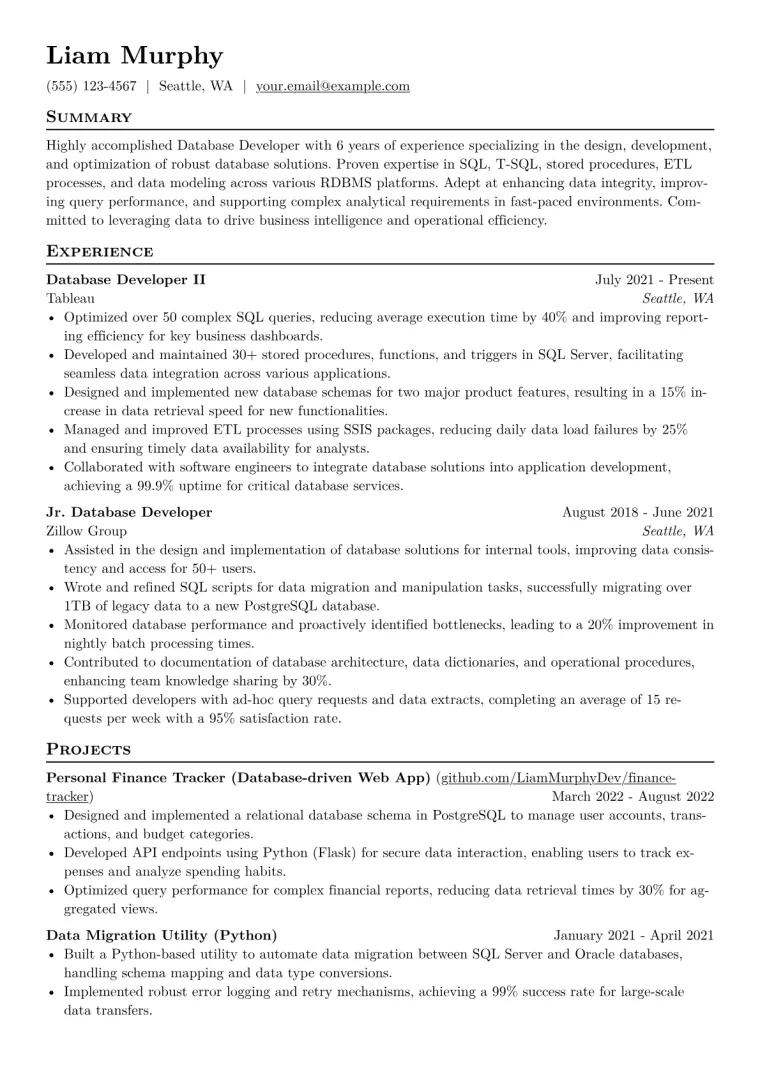 Database Developer Resume Example CV template preview