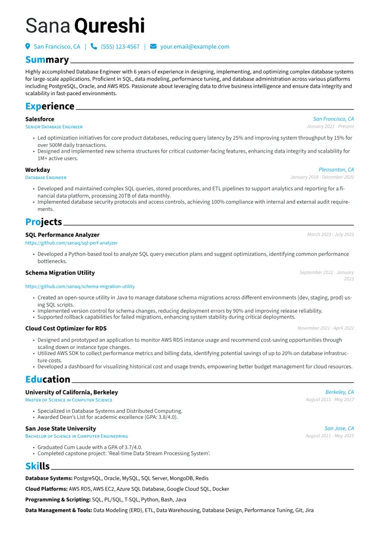 Database Engineer Resume Example CV template preview