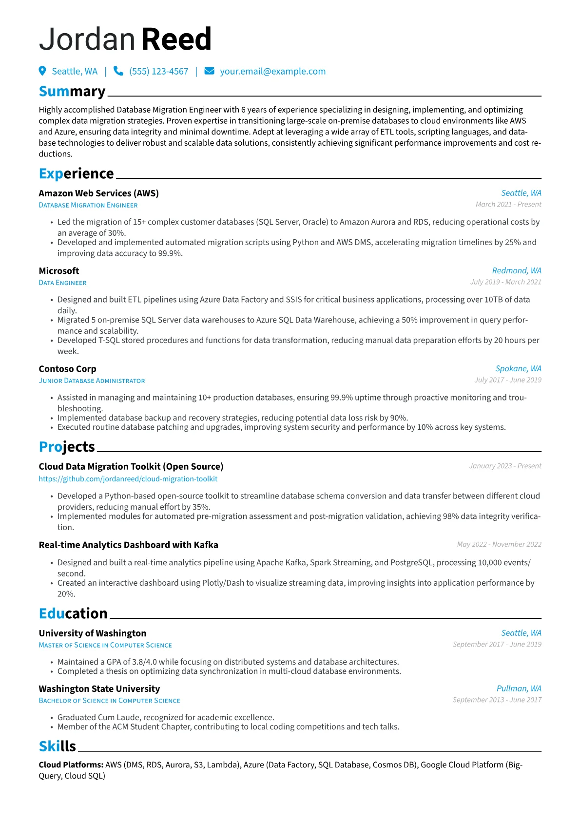 Database Migration Engineer Resume Example CV template - Page 1