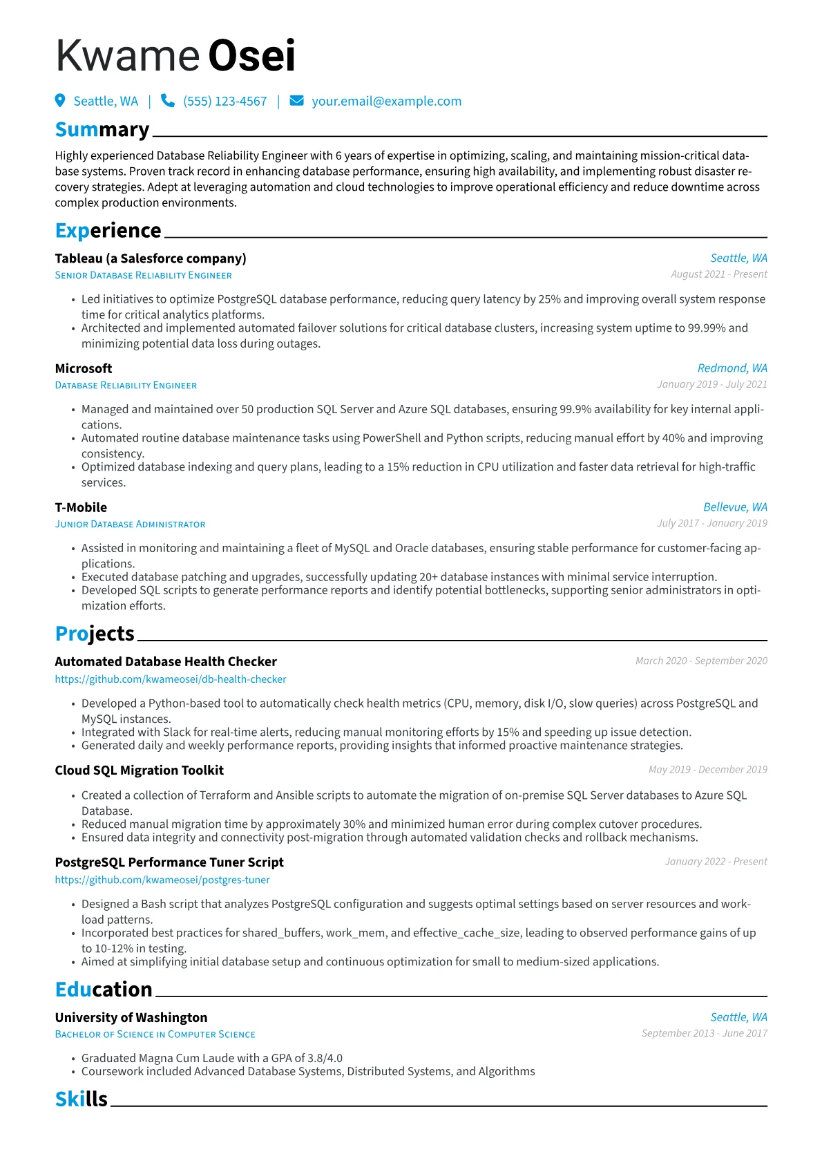 Database Reliability Engineer Resume Example CV template - Page 1