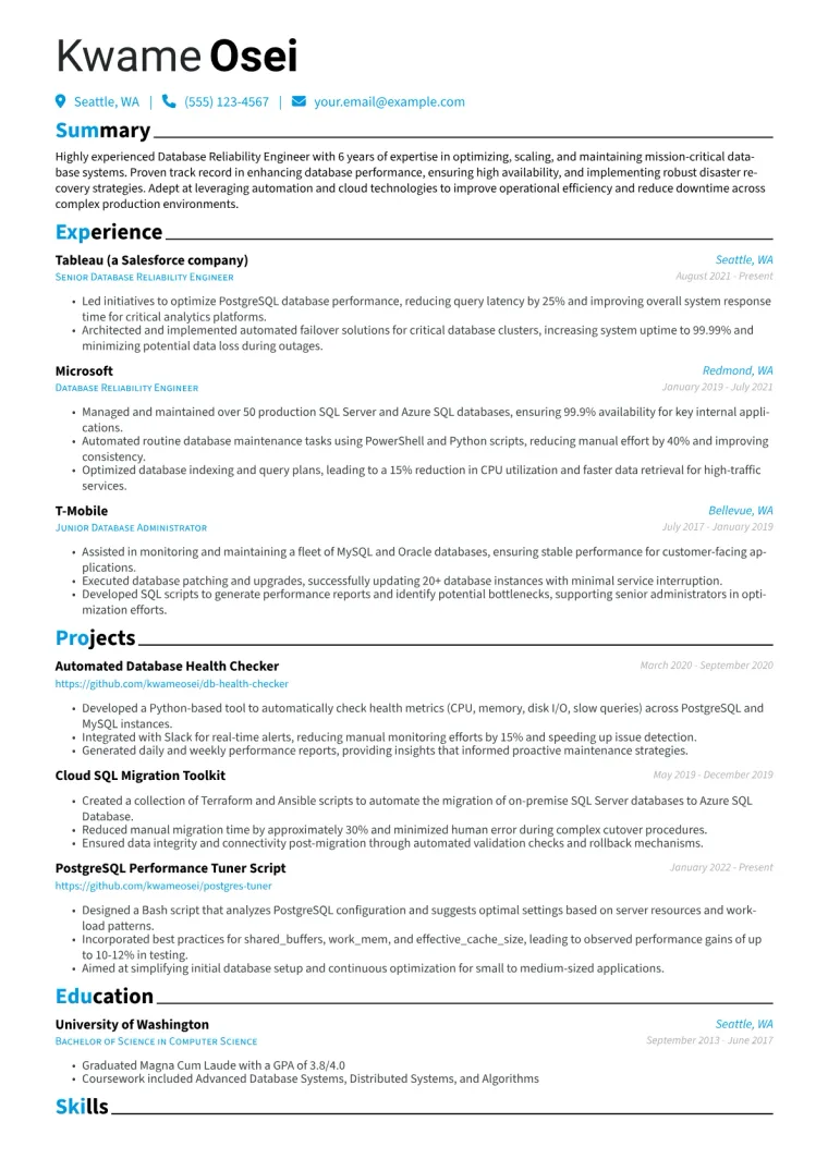 Database Reliability Engineer Resume Example CV template preview