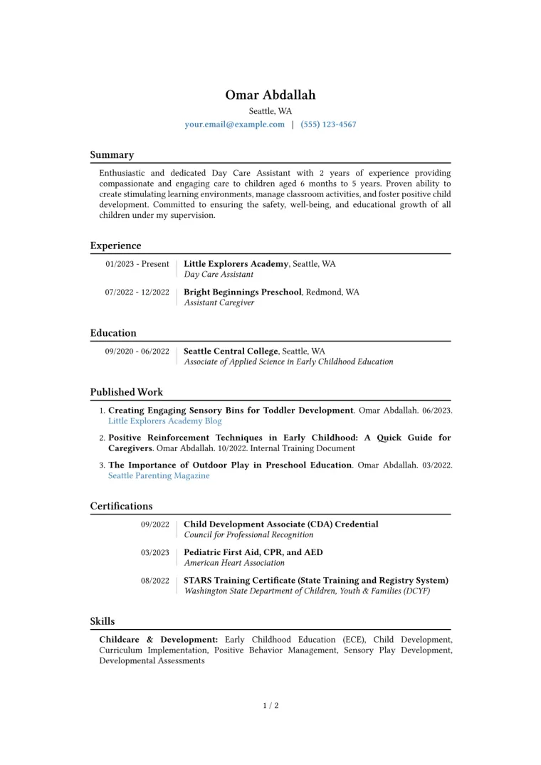 Day Care Assistant Resume Example CV template preview