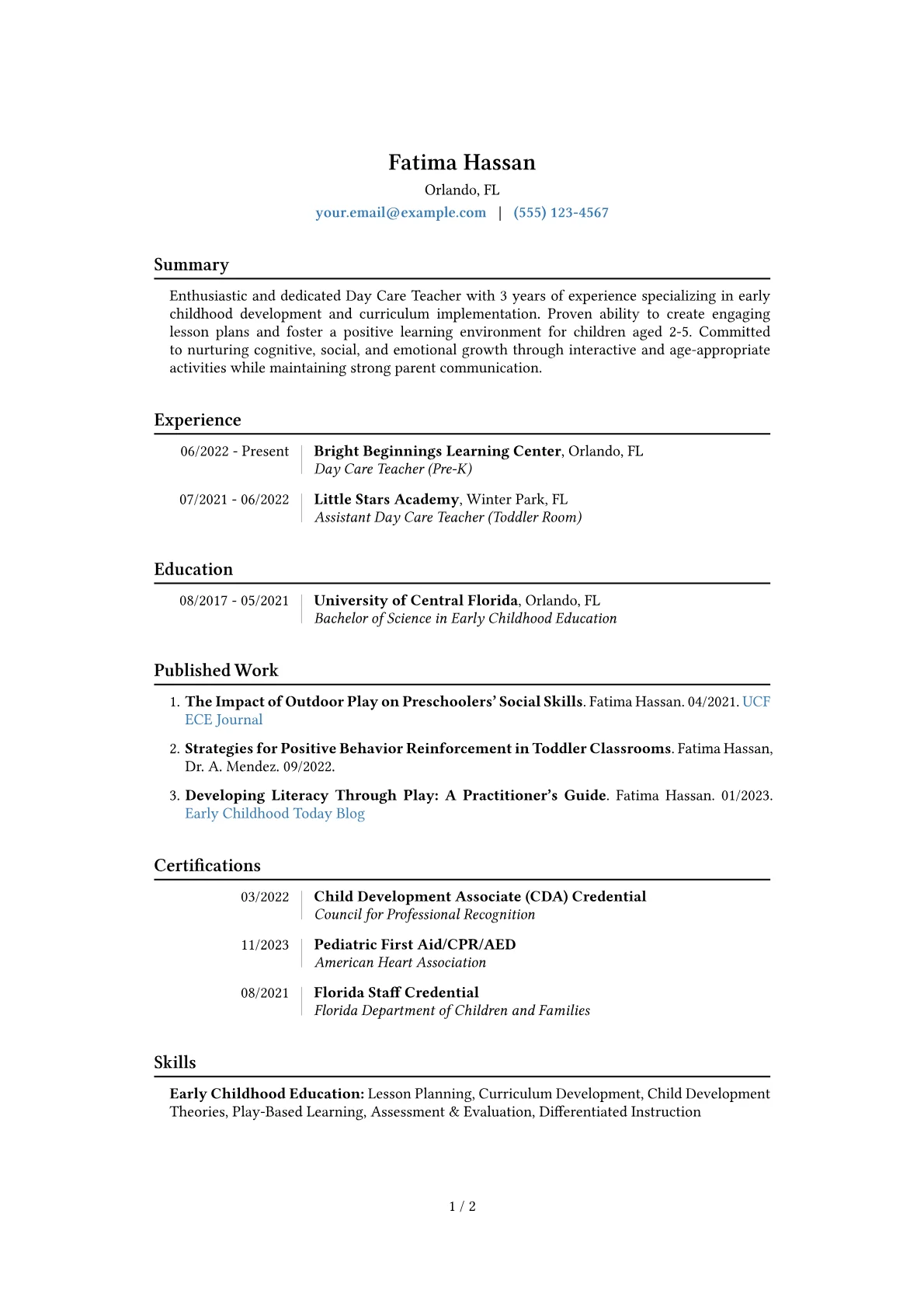 Day Care Teacher Resume Example CV template - Page 1