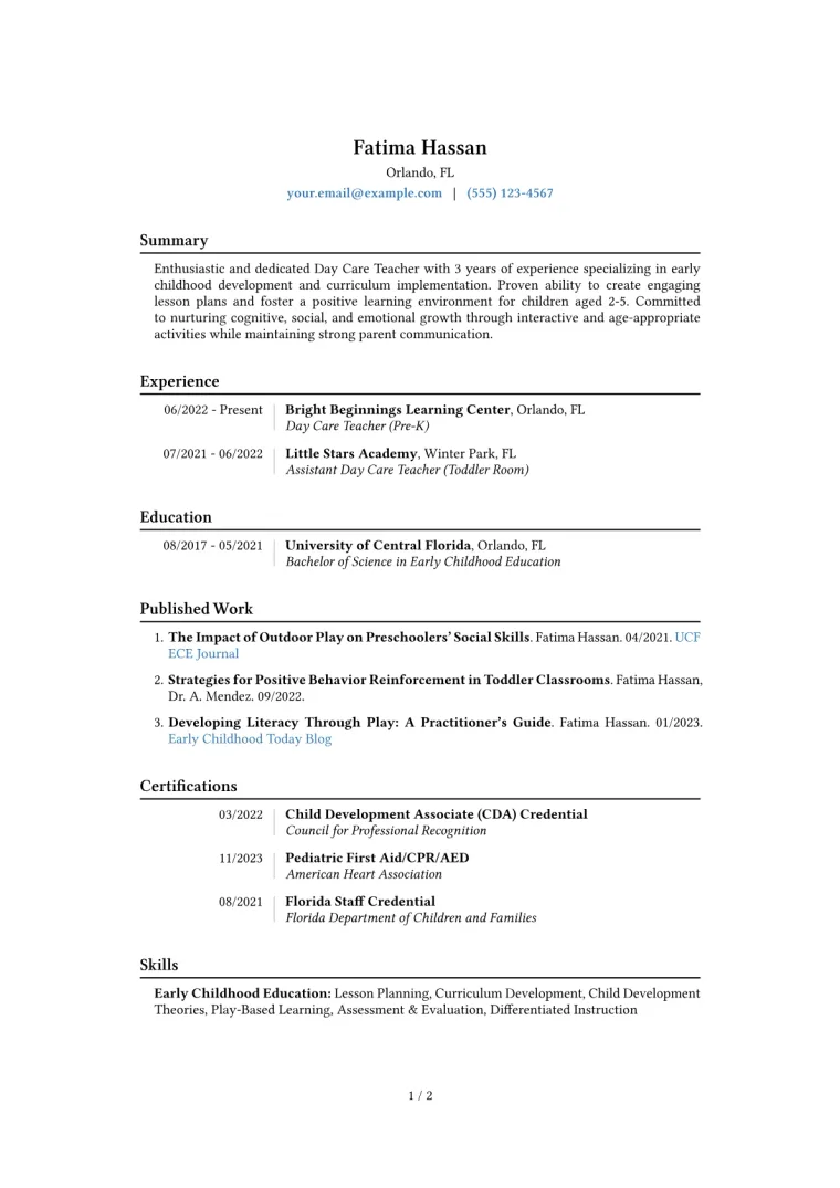 Day Care Teacher Resume Example CV template preview