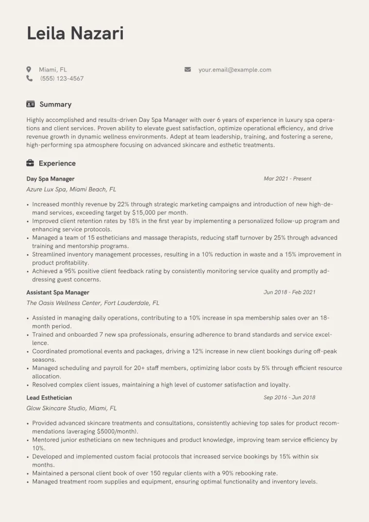 Day Spa Manager Resume Example CV template preview