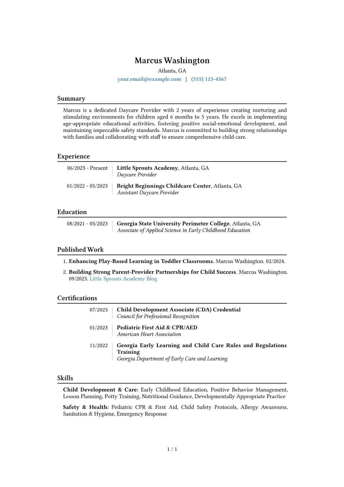 Daycare Provider Resume Example CV template - Page 1