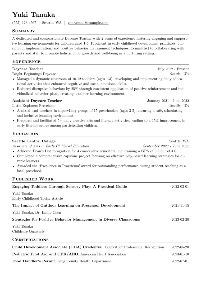 Daycare Teacher Resume Example CV template preview