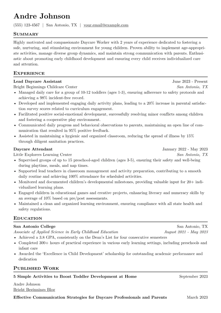 Daycare Worker Resume Example CV template preview