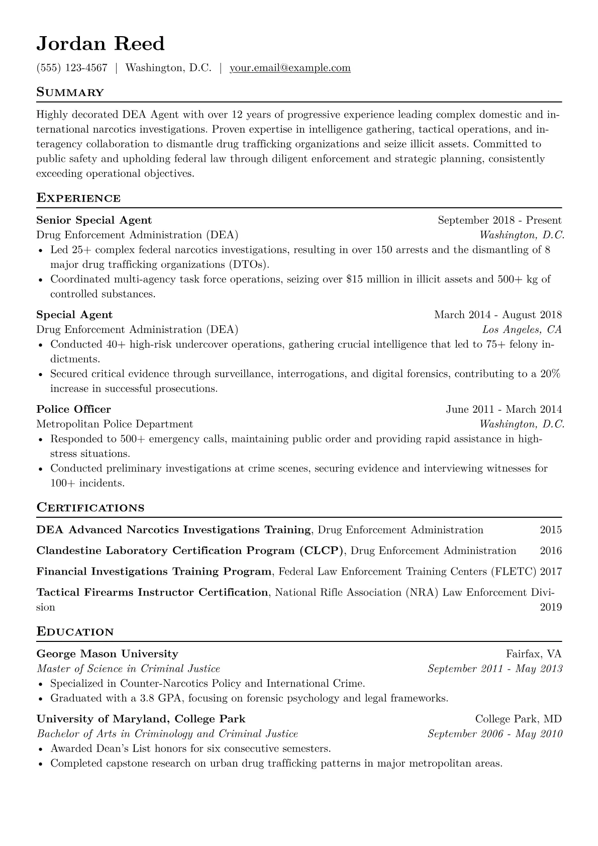 DEA Agent Resume Example CV template - Page 1