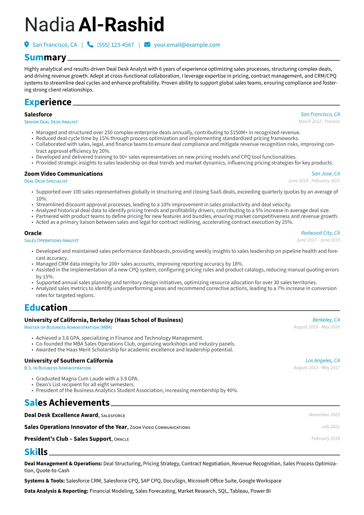 Deal Desk Analyst Resume Example CV template - Page 1