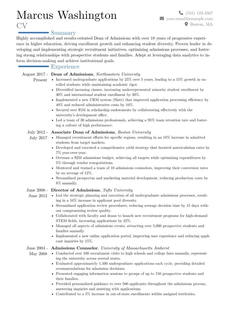 Dean of Admissions Resume Example CV template preview