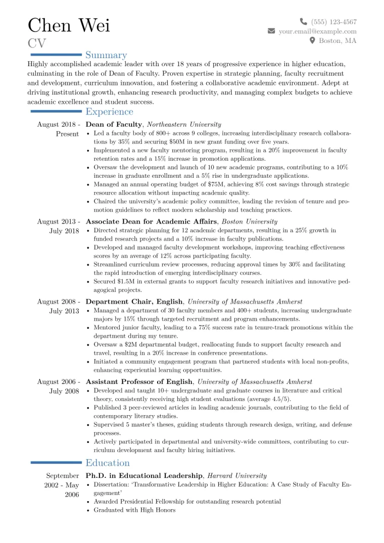 Dean of Faculty Resume Example CV template preview