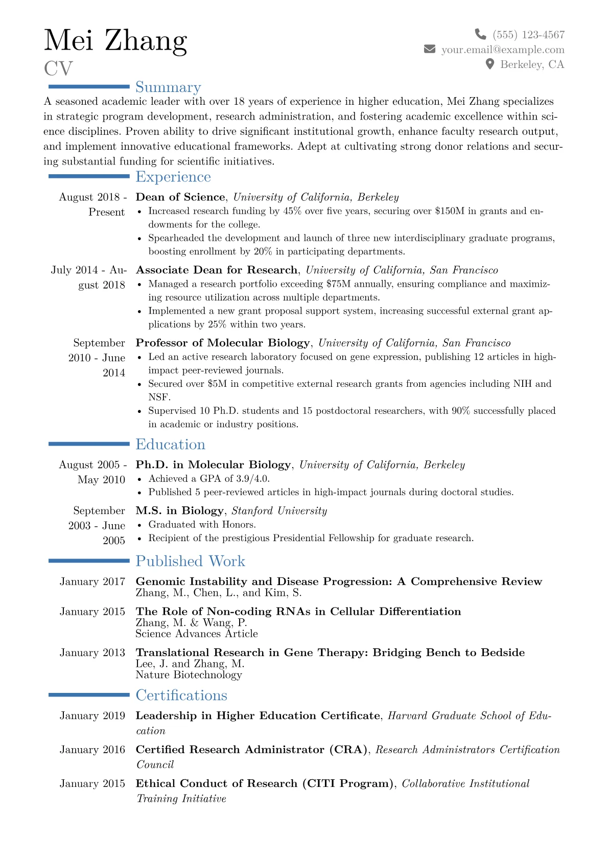 Dean of Science Resume Example CV template - Page 1