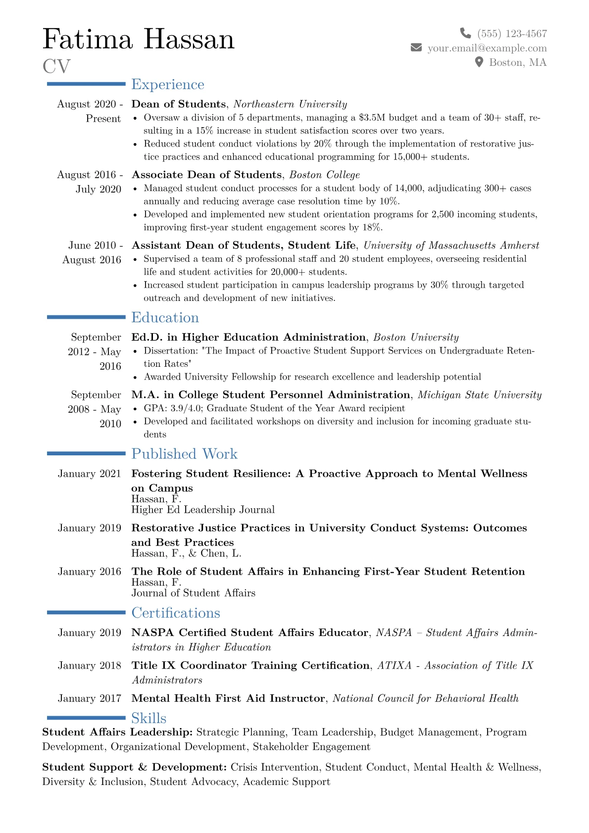 Dean of Students Resume Example CV template - Page 1