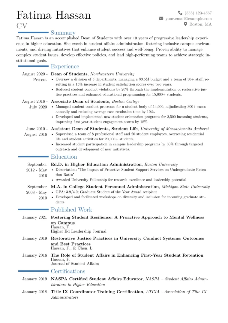 Dean of Students Resume Example