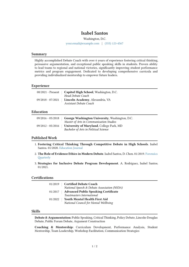 Debate Coach Resume Example CV template preview