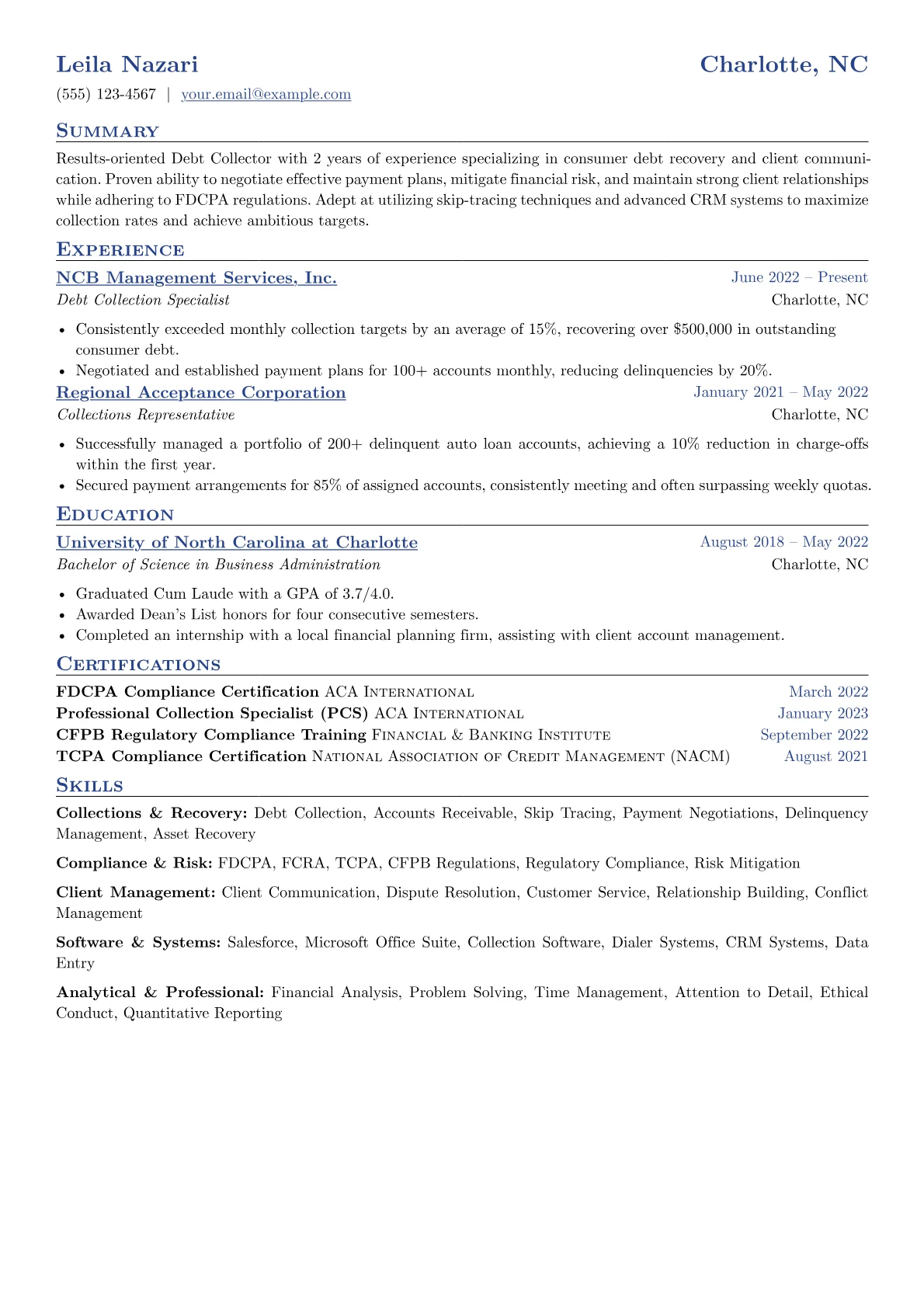 Debt Collector Resume Example CV template - Page 1