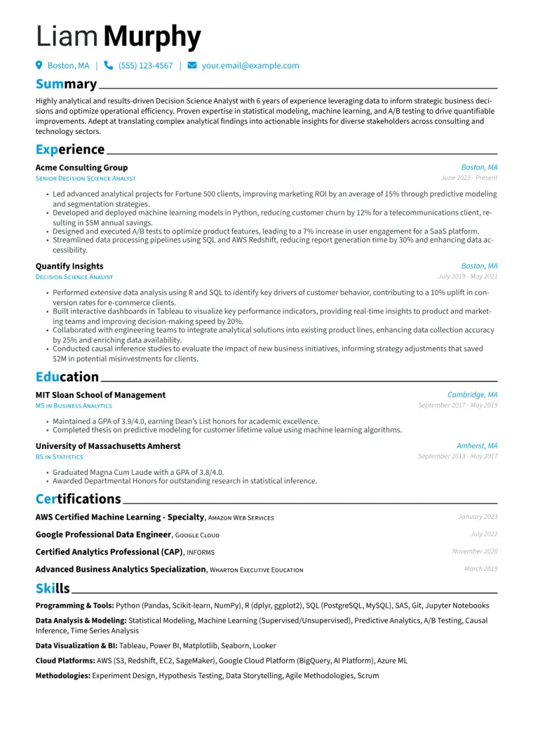 Decision Science Analyst Resume Example CV template preview