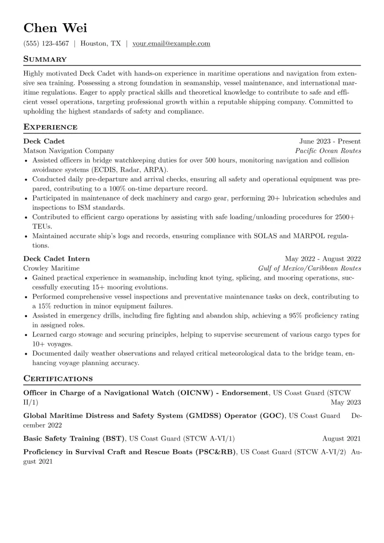 Deck Cadet Resume Example