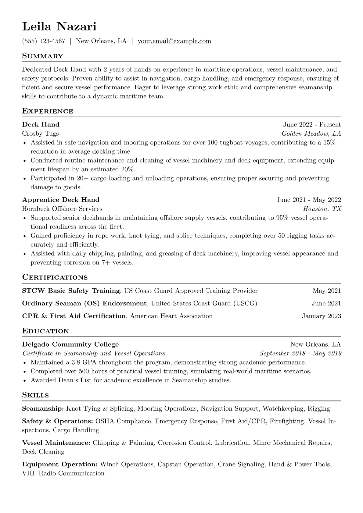 Deck Hand Resume Example CV template - Page 1