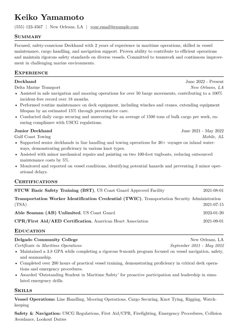 Deckhand Resume Example CV template preview