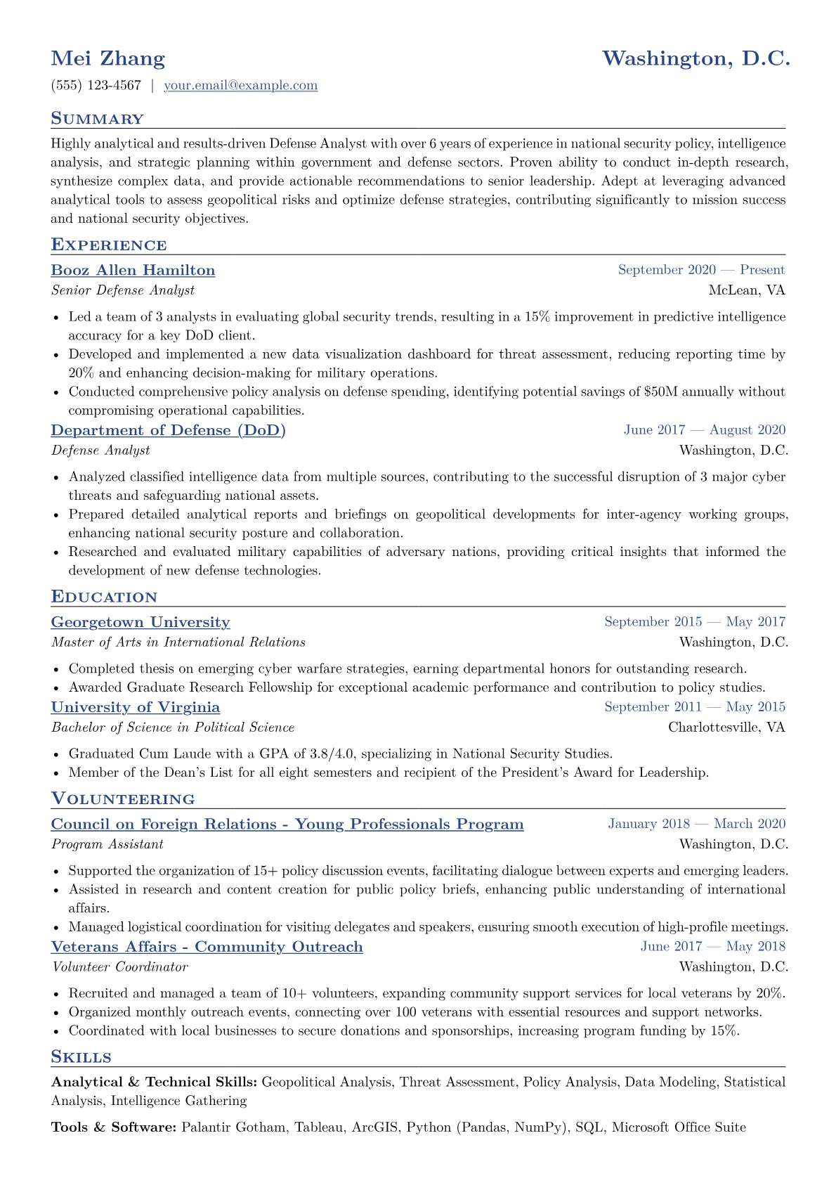 Defense Analyst Resume Example CV template - Page 1