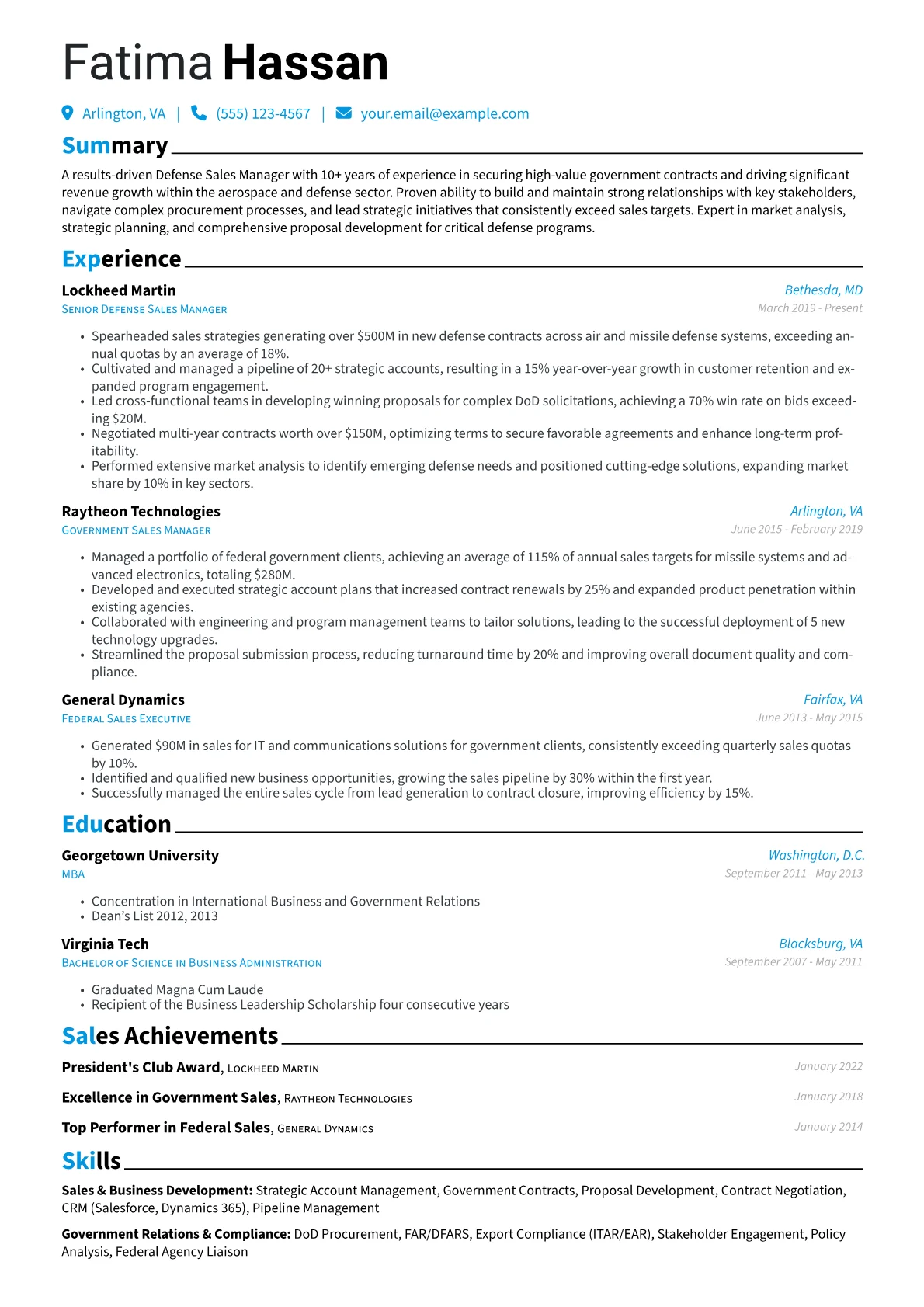 Defense Sales Manager Resume Example CV template - Page 1