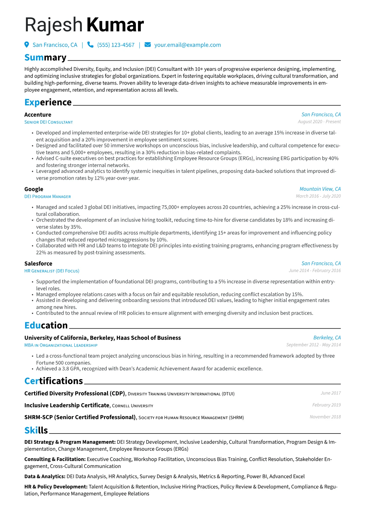 DEI Consultant Resume Example CV template - Page 1