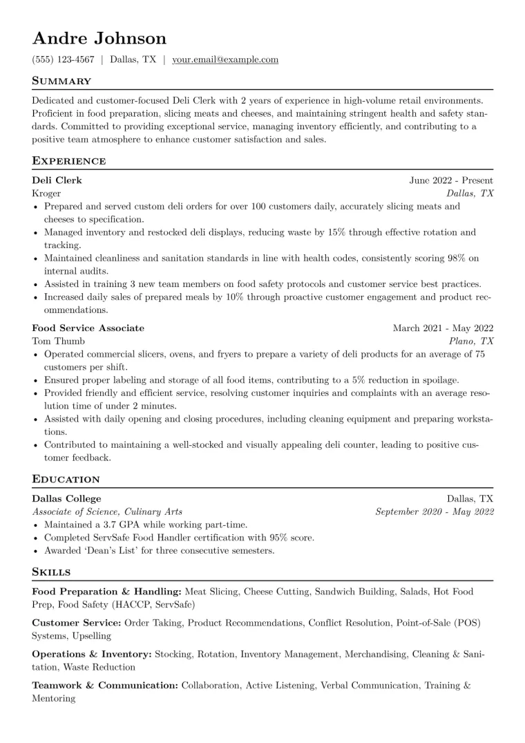 Deli Clerk Resume Example CV template preview