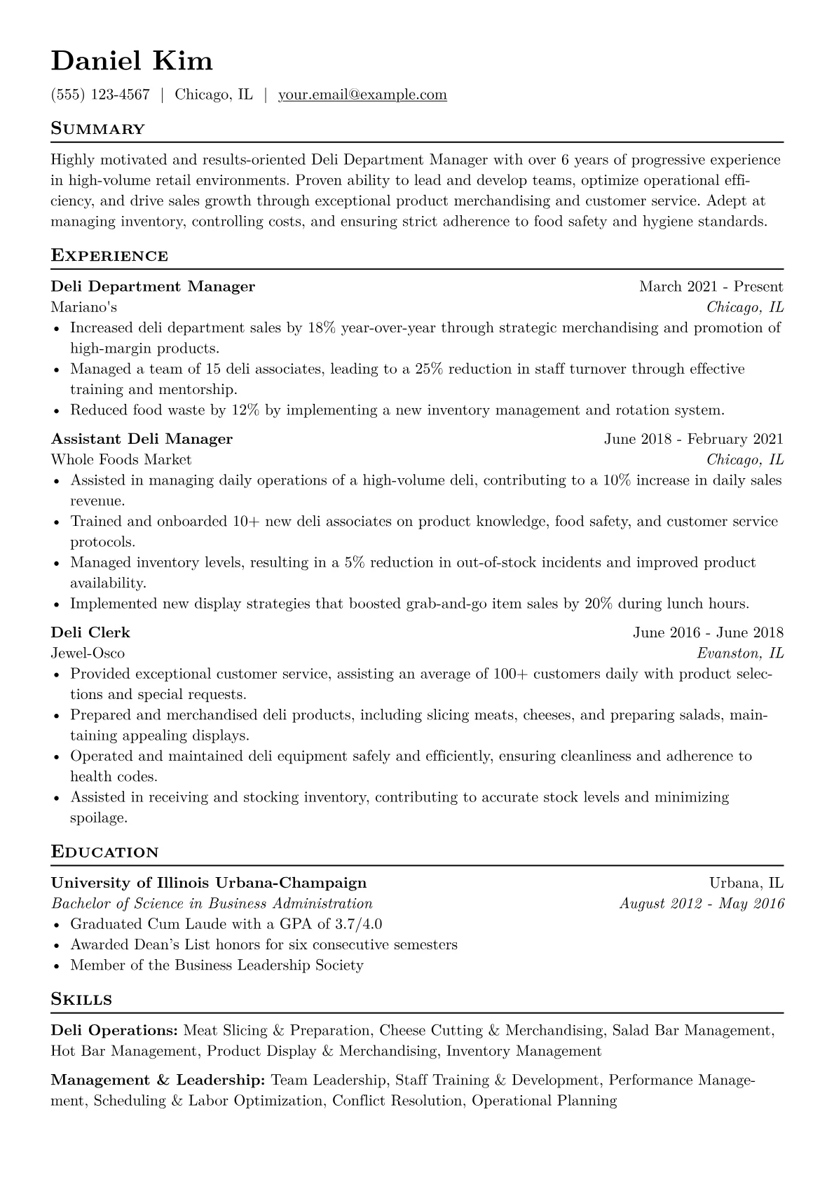 Deli Department Manager Resume Example CV template - Page 1