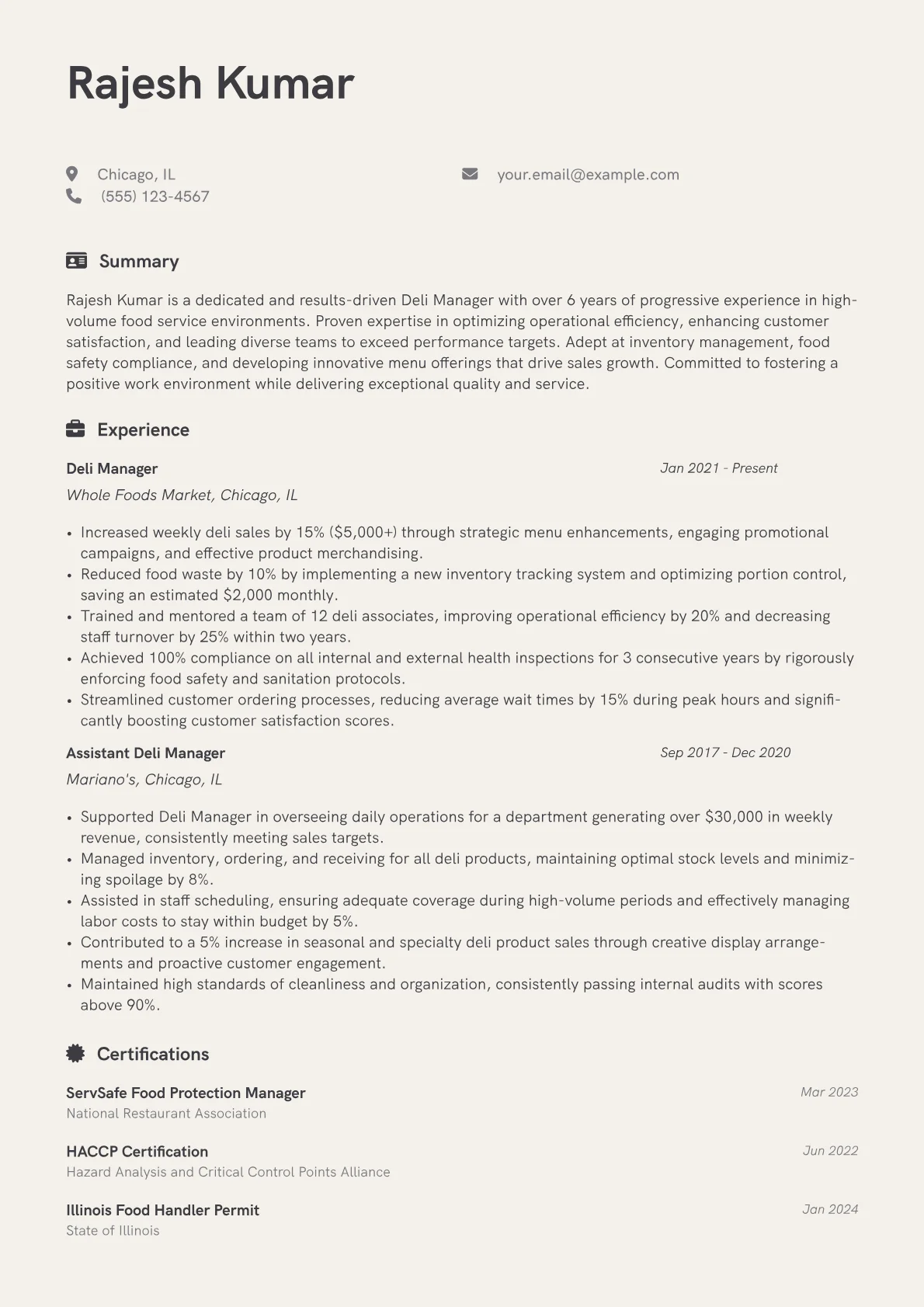 Deli Manager Resume Example CV template - Page 1