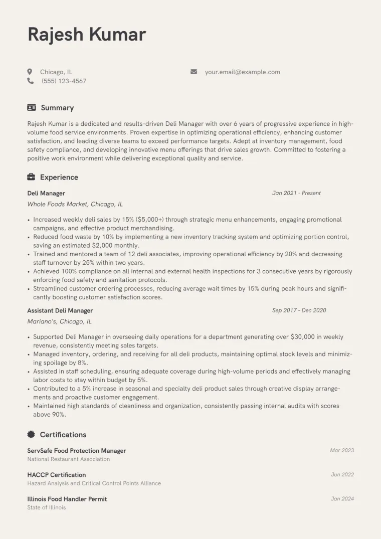 Deli Manager Resume Example CV template preview