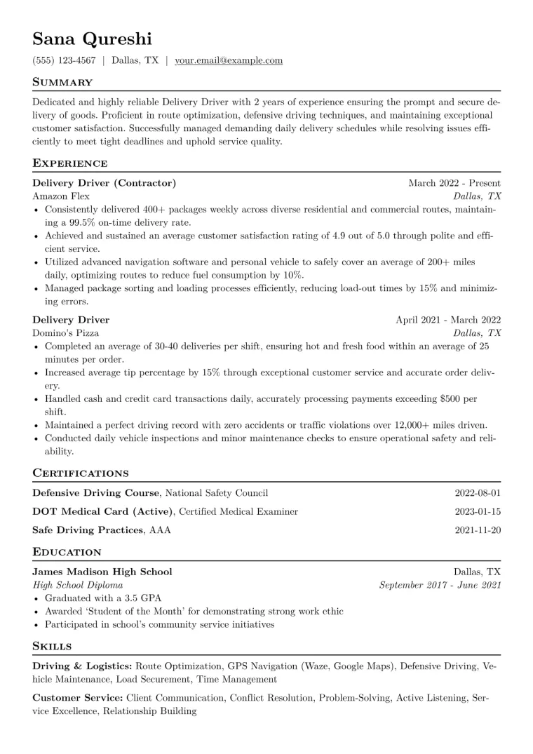 Delivery Driver Resume Example