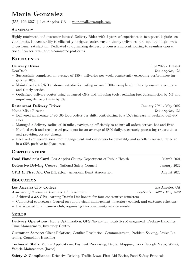 Delivery Rider Resume Example CV template preview