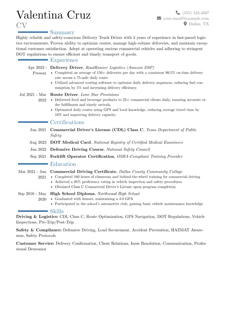 Delivery Truck Driver Resume Example CV template preview