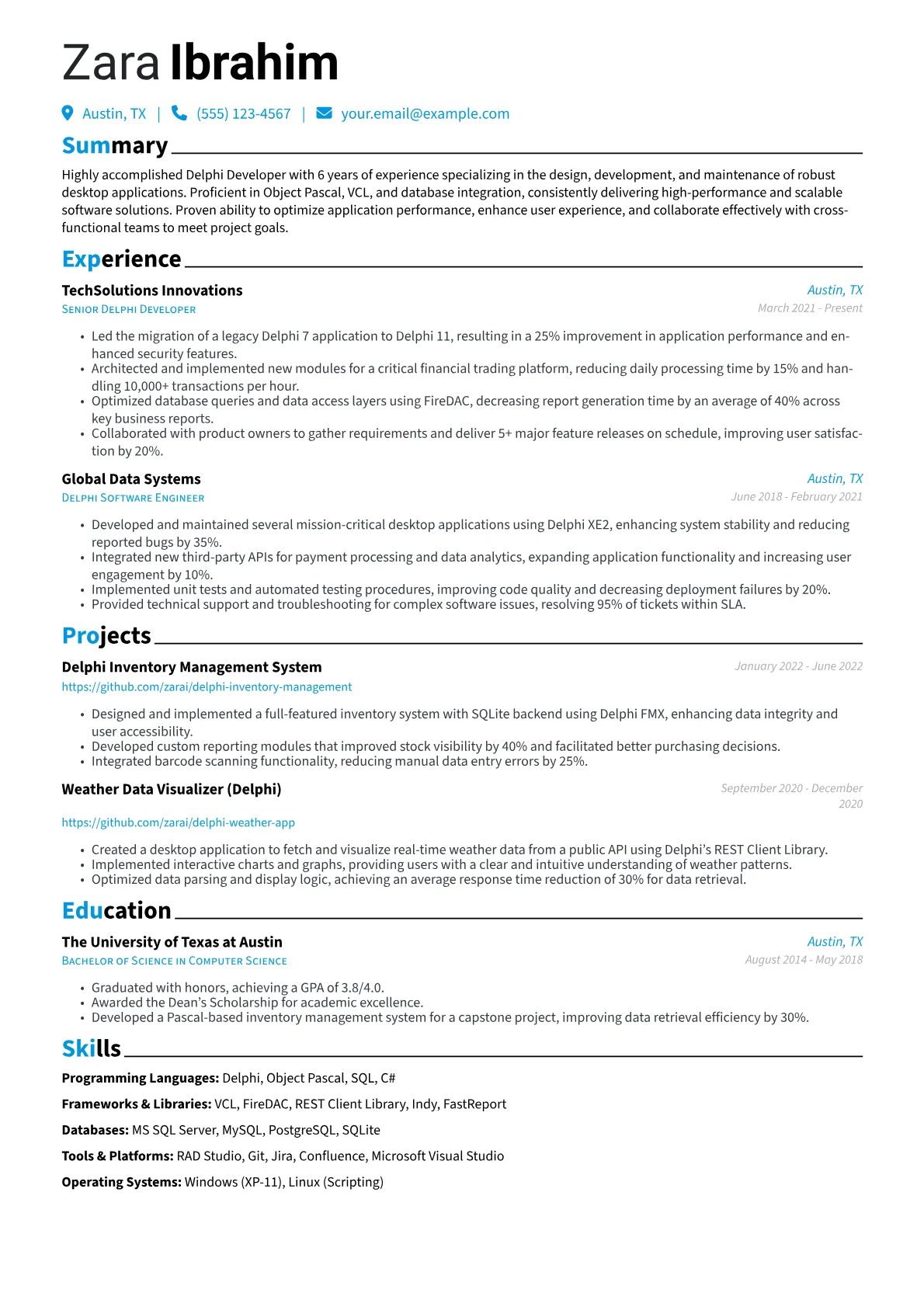 Delphi Developer Resume Example CV template - Page 1