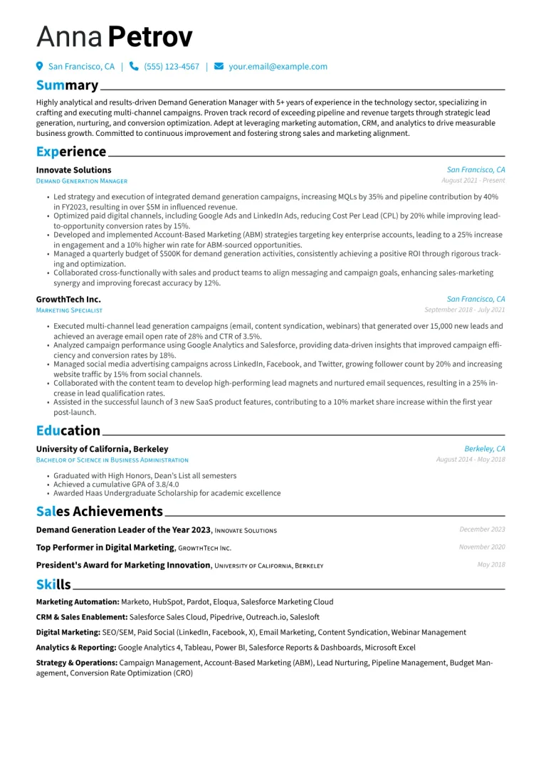 Demand Generation Manager Resume Example CV template preview