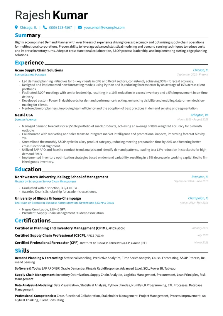 Demand Planner Resume Example CV template preview