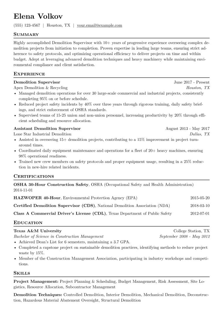 Demolition Supervisor Resume Example CV template preview