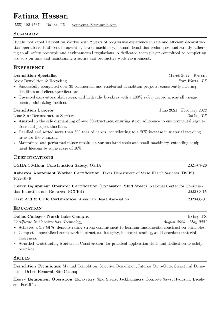 Demolition Worker Resume Example CV template preview