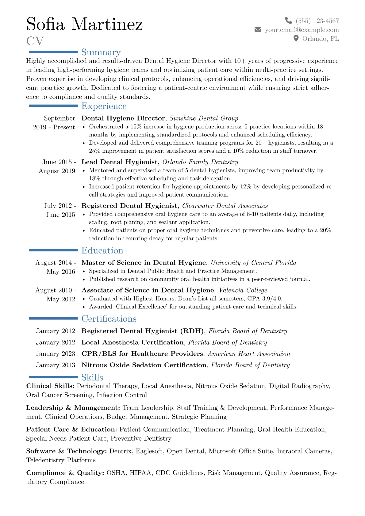 Dental Hygiene Director Resume Example CV template - Page 1