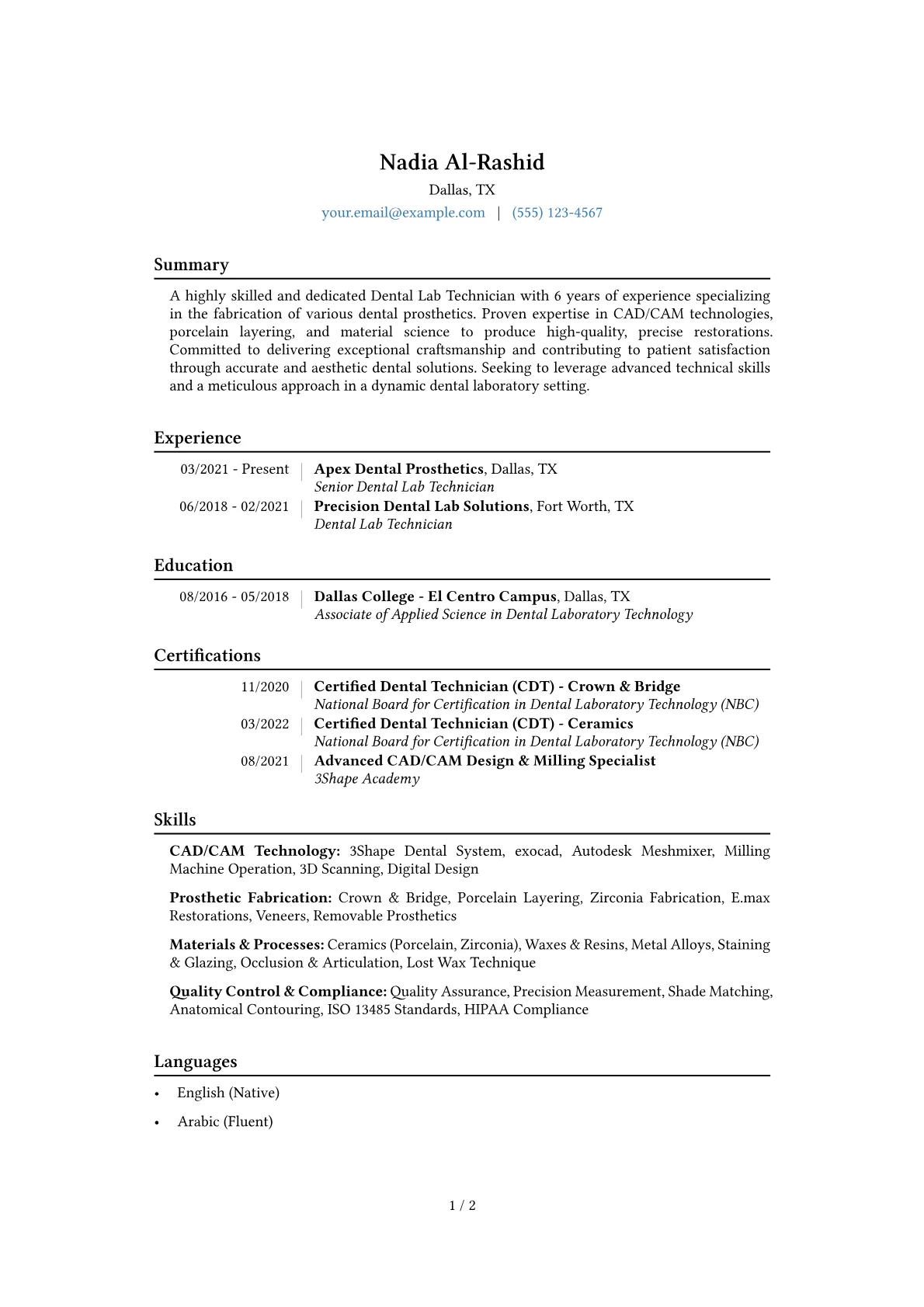 Dental Lab Technician Resume Example CV template - Page 1