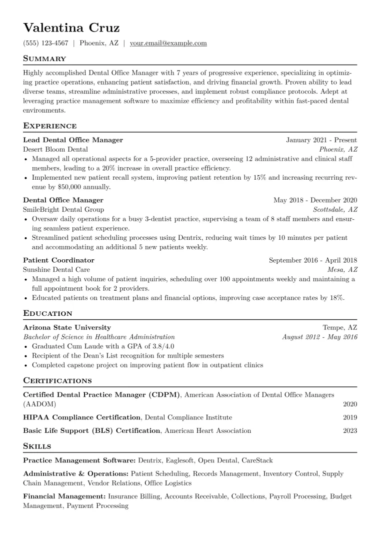 Dental Office Manager Resume Example CV template preview